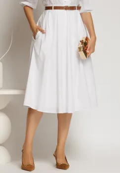 Fusta DY Fashion alba din poplin cu pliuri si curea in talie imagine