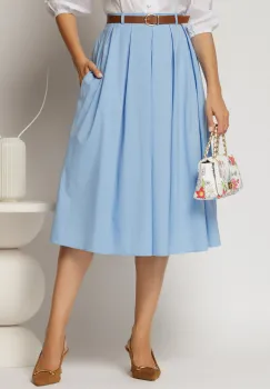 Fusta DY Fashion bleu din poplin cu pliuri si curea in talie imagine