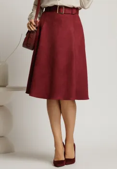 Fusta DY Fashion bordo clos din piele intoarsa si curea in talie imagine