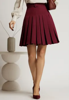 Fusta DY Fashion din stofa bordo plisata cu curea in talie imagine