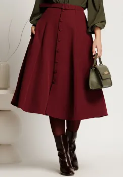 Fusta DY Fashion midi bordo cu nasturi si curea in talie imagine