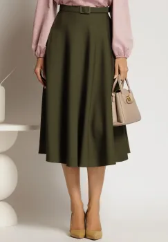 Fusta DY Fashion midi clos kaki si curea in talie imagine