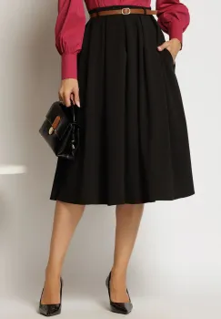 Fusta DY Fashion midi neagra din crep cu pliuri si curea in talie imagine