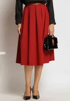 Fusta DY Fashion midi rosie din crep cu pliuri si curea in talie imagine