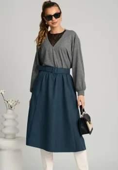 Fusta DY Fashion office din jerse bleumarin cu pliuri si curea in talie imagine