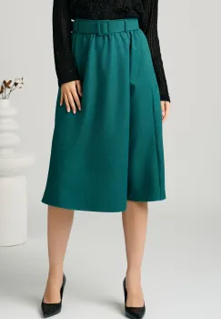 Fusta DY Fashion office din jerse verde cu pliuri si curea in talie imagine