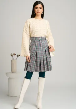 Fusta DY Fashion office din stofa alba cu imprimeu pepit mov si curea in talie imagine