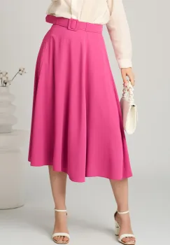 Fusta DY Fashion office midi din triplu voal fucsia cu croi clos si curea in talie imagine