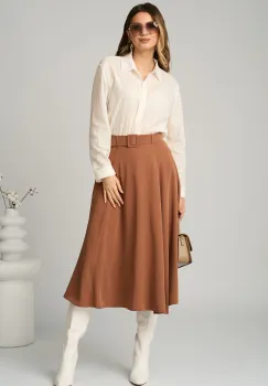 Fusta DY Fashion office midi din triplu voal maro camel cu croi clos si curea in talie imagine
