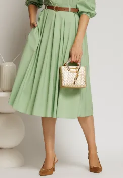 Fusta DY Fashion verde fistic din poplin cu pliuri si curea in talie imagine