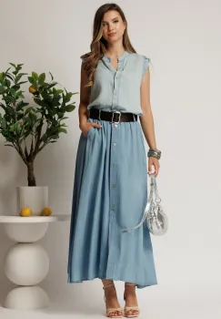 Fusta midi albastra din denim in clos cu nasturi si curea imagine