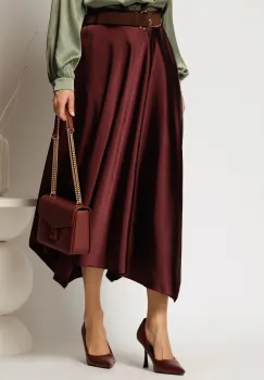 Fusta midi bordo din satin cu croi clos si curea in talie imagine