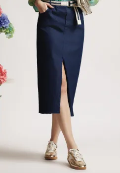 Fusta midi casual din denim albastra cu crepeu si curea impletita imagine
