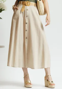 Fusta midi casual din in bej cu nasturi si curea imagine