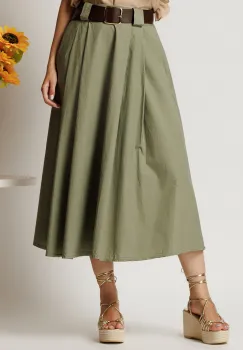 Fusta midi kaki din bumbac in clos cu pliuri si curea in talie imagine