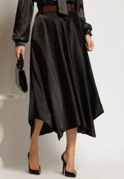 Fusta midi neagra din satin cu croi clos si curea in talie imagine