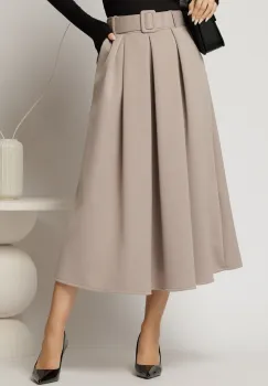 Fusta midi office din jerse bej cu pliuri si curea in talie imagine