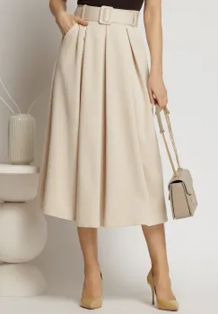 Fusta midi office din jerse ivoar cu pliuri si curea in talie imagine