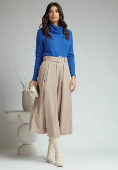 Fusta midi office din tricot reiat bej cu pliuri si curea in talie imagine
