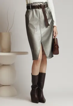 Fusta office din piele ecologica argintie cu elastic si curea in talie imagine