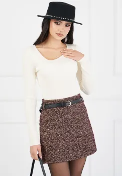 Fusta Simona burgundy cu imprimeu pepit bej si curea in talie imagine
