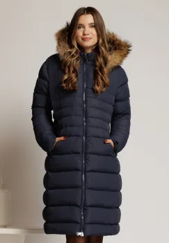 Geaca dama midi bleumarin din fas cu gluga detasabila imagine