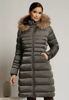 Geaca dama midi gri din fas cu gluga detasabila imagine