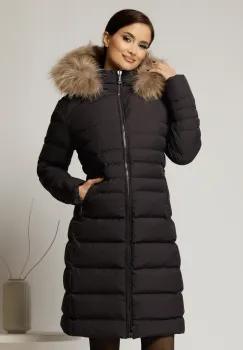 Geaca dama midi neagra din fas cu gluga detasabila imagine