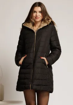 Geaca dama neagra cu gluga si blanita pe interior imagine