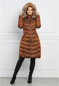 Geaca lunga maro cu blanita naturala la gluga imagine
