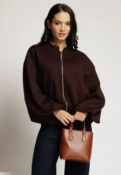 Geaca maro tip bomber din jerse cu buzunare si inchidere cu fermoar imagine