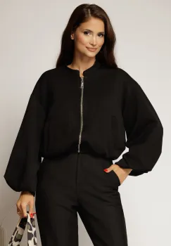 Geaca neagra tip bomber din jerse cu buzunare si inchidere cu fermoar imagine