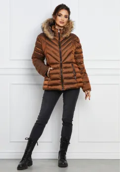 Geaca scurta maro cu blanita naturala la gluga imagine