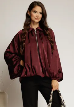 Geaca tip bomber satinata bordo cu croi lejer imagine