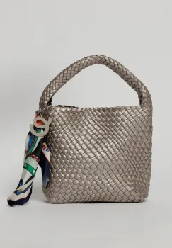 Geanta bronz sidefat din piele ecologica impletita accesorizata cu esarfa imagine