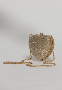 Geanta eleganta din strasuri aurie in forma de inima imagine