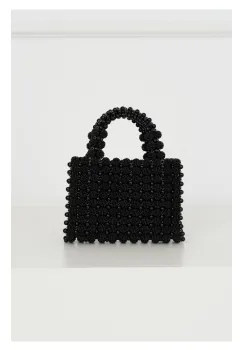 Geanta mica eleganta din perle neagra patrata cu maner rotund imagine