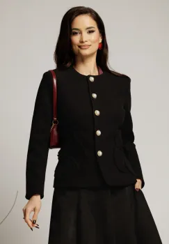 Palton scurt negru tip sacou cu nasturi perla si design elegant imagine