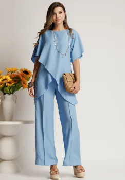 Pantaloni albastrii din rayon cu croi lejer si elastic in talie imagine