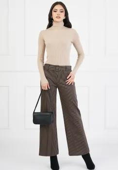 Pantaloni Andrada negri cu dungi bej si curea in talie imagine