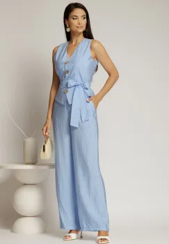 Pantaloni bej cu dungi din rayon cu croi lejer si cordon in talie imagine