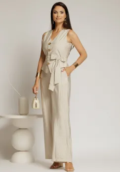 Pantaloni bej cu dungi din rayon cu croi lejer si cordon in talie imagine