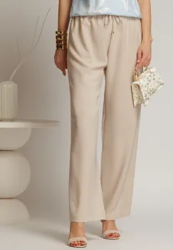 Pantaloni bej cu elastic si snur in talie si croi lejer imagine