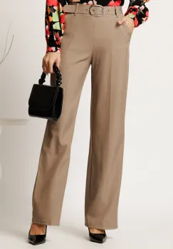 Pantaloni bej din stofa cu croi drept si curea in talie imagine