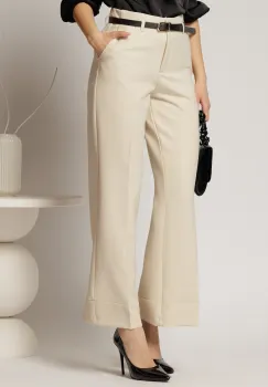 Pantaloni bej din stofa cu croi larg si curea in talie imagine