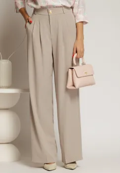 Pantaloni bej din triplu voal cu pliuri si croi lejer imagine