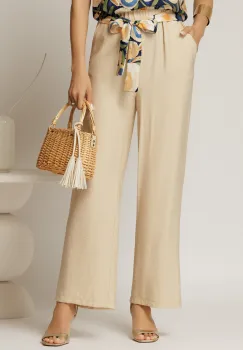 Pantaloni bej din viscoza cu croi lejer si cordon cu print imagine