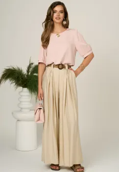 Pantaloni bej din viscoza evazati cu pliuri si curea in talie imagine