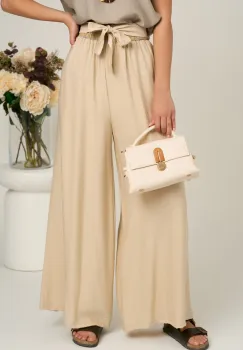 Pantaloni bej evazati din viscoza cu elastic si cordon in talie imagine