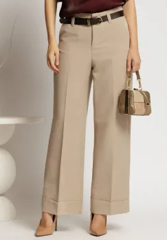 Pantaloni bej office casual cu croi drept si curea imagine